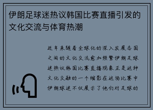 伊朗足球迷热议韩国比赛直播引发的文化交流与体育热潮