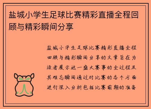 盐城小学生足球比赛精彩直播全程回顾与精彩瞬间分享